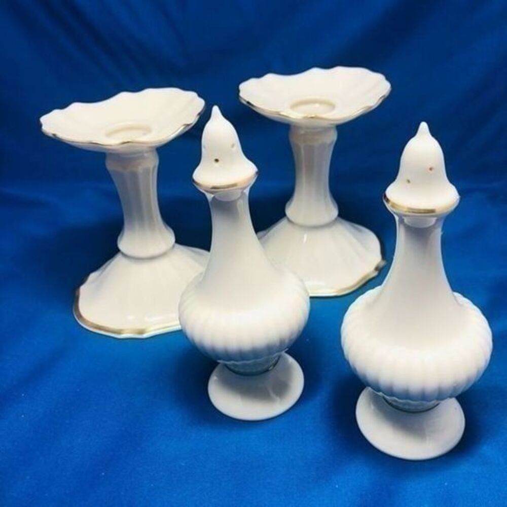 Lenox salt and pepper, 2 candle stick holders 4 Pc off white & gold trim ceramic